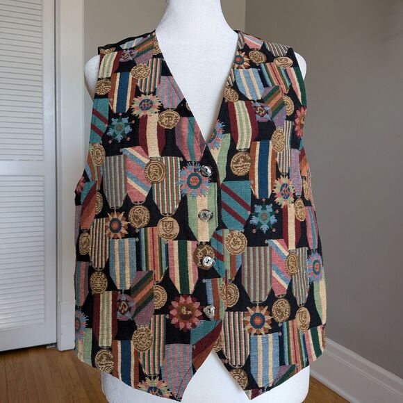 Vintage 90s Mirrors Tapestry Vest Award Ribbons Medals Funky Dark Academia Large - Picture 5 of 10